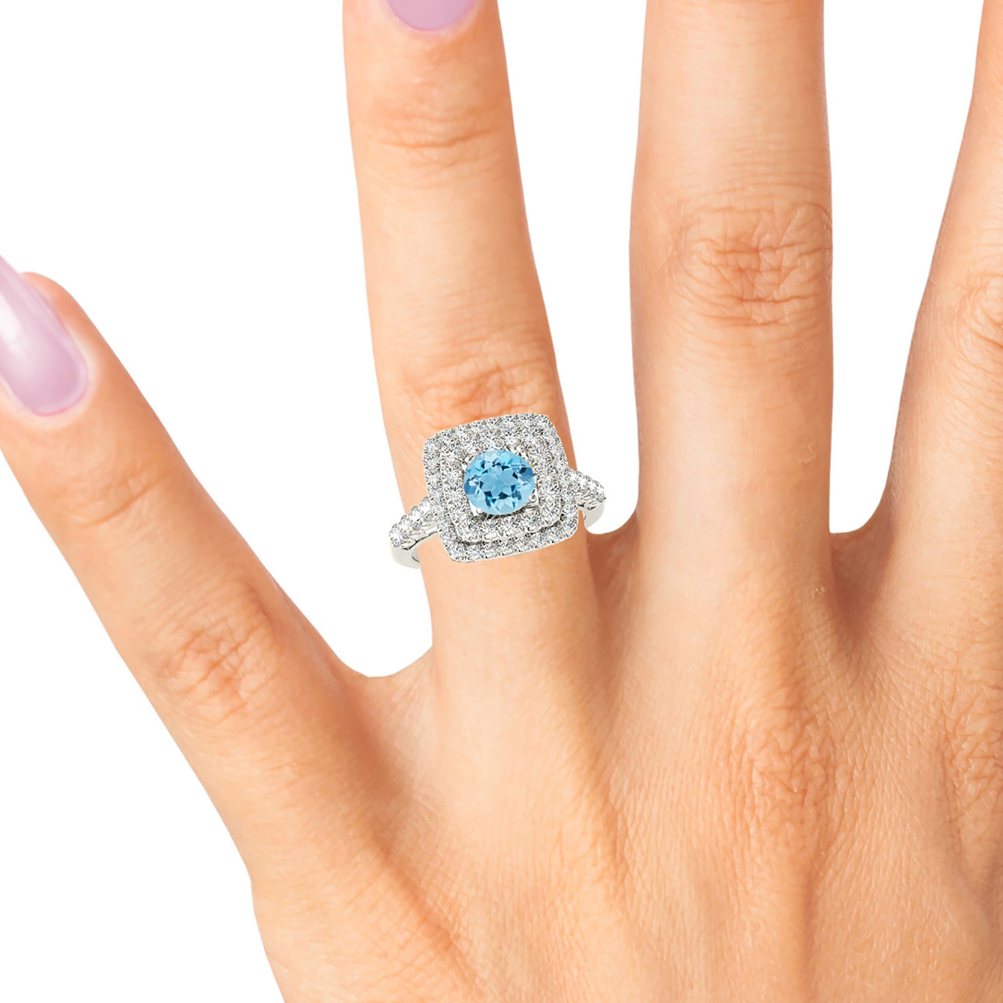 1.10 ct. Genuine Aquamarine Ring With 0.90 ctw. Diamond Double Row Cushion Halo And Thin Diamond Band | Round Blue Aquamarine Halo Ring-VIRABYANI